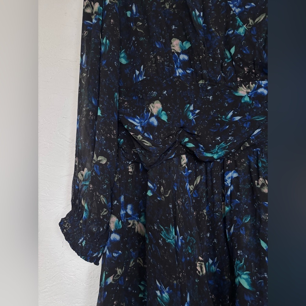 Anthropologie Blue Floral Long Sleeve V Neck Ruched Flowy Mini Boho Dress - Picture 8 of 14